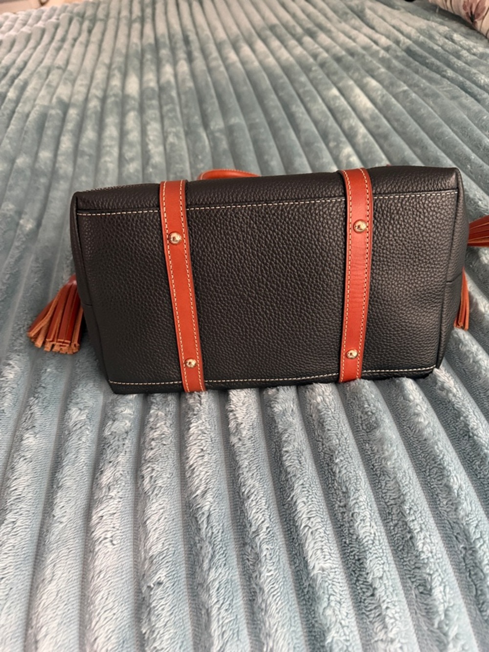Dooney & Bourke Black Pebbled Leather Satchel with Brown Trim and Tassel - Picture 2 of 8